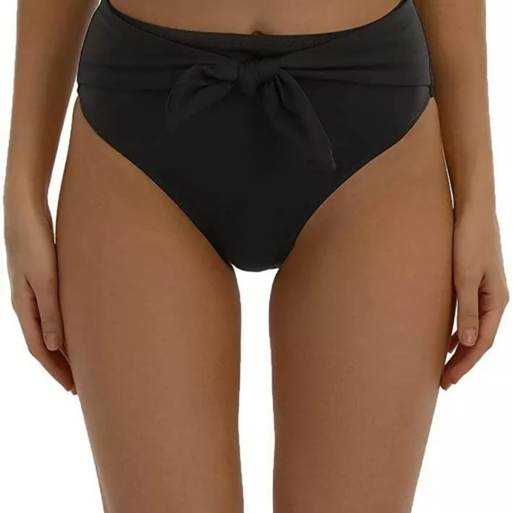 NWT LAPHEE ROSE High Waisted Black Bikini Bottom Ruched Side Bow Size Small